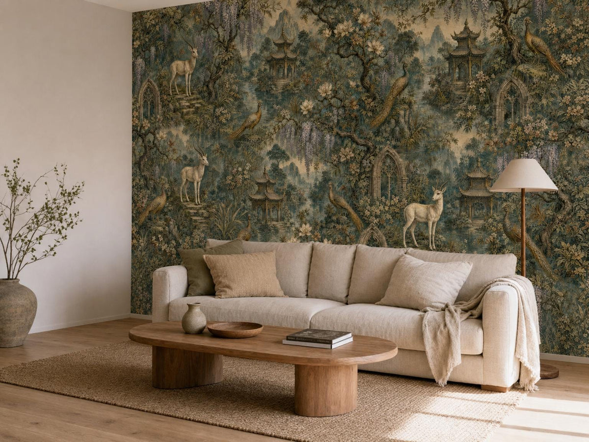 Wide living room with the chinoiserie garden mural, a cream sofa and a potted olive tree
