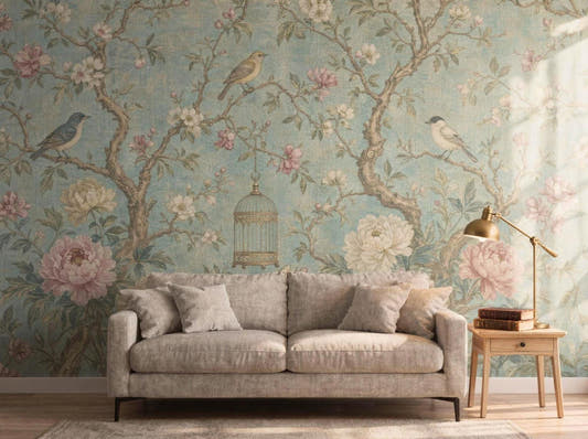Pale aqua chinoiserie wallpaper with songbirds and peonies behind a grey linen sofa and a wooden side table