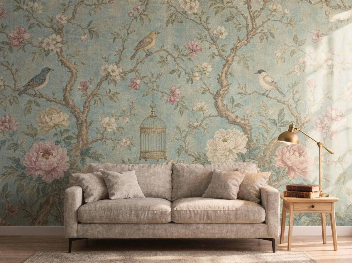 Pale aqua chinoiserie wallpaper with songbirds and peonies behind a grey linen sofa and a wooden side table