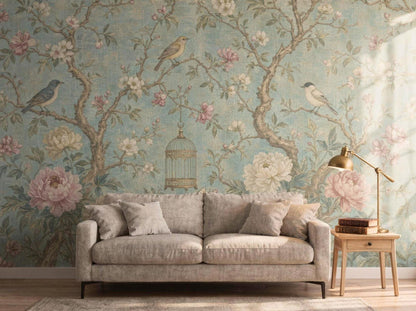 Pale aqua chinoiserie wallpaper with songbirds and peonies behind a grey linen sofa and a wooden side table