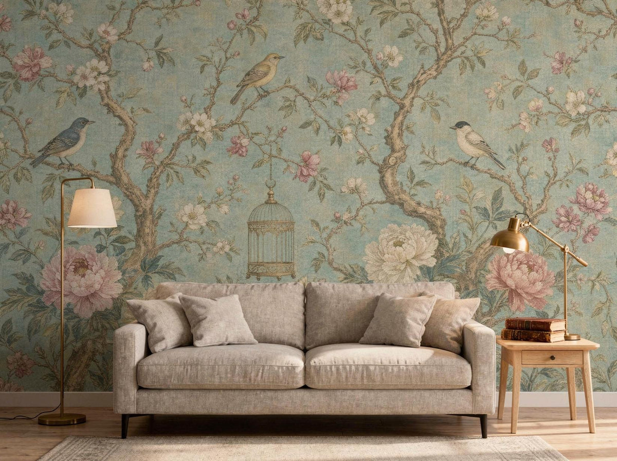 The chinoiserie wallpaper across a living room wall, with a grey sofa, brass lamp and floor lamp