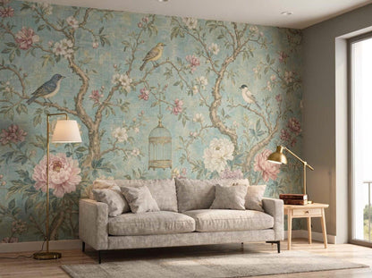 Corner room with the songbird wallpaper, a grey sofa, floor lamp and bright window
