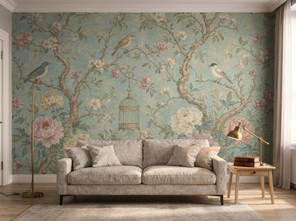 Wide view of the aqua chinoiserie wall with a grey sofa, curtains and a pale rug