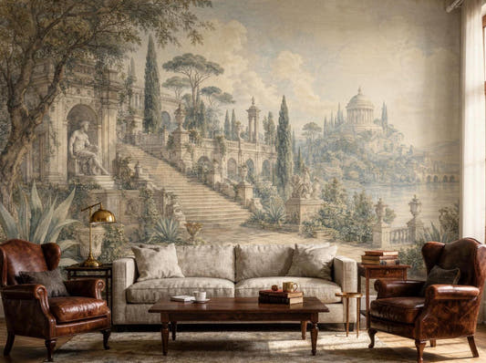 Classical garden ruins mural in sage and stone behind a pale sofa and two leather armchairs
