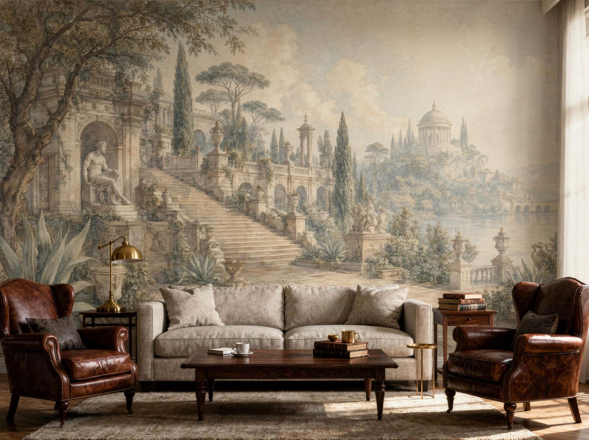 The garden ruins mural across a living room wall, with a sofa, leather chairs and a brass lamp