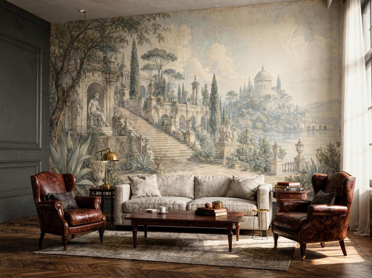 Garden ruins mural beside a dark panelled wall, with a pale sofa and leather armchairs