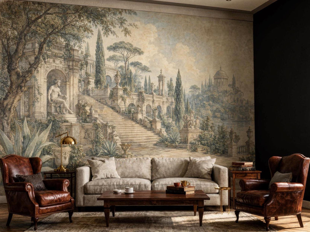 Corner room with the classical garden mural, a sofa, coffee table and reading lamp