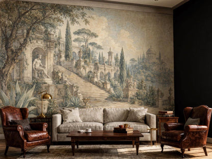 Corner room with the classical garden mural, a sofa, coffee table and reading lamp
