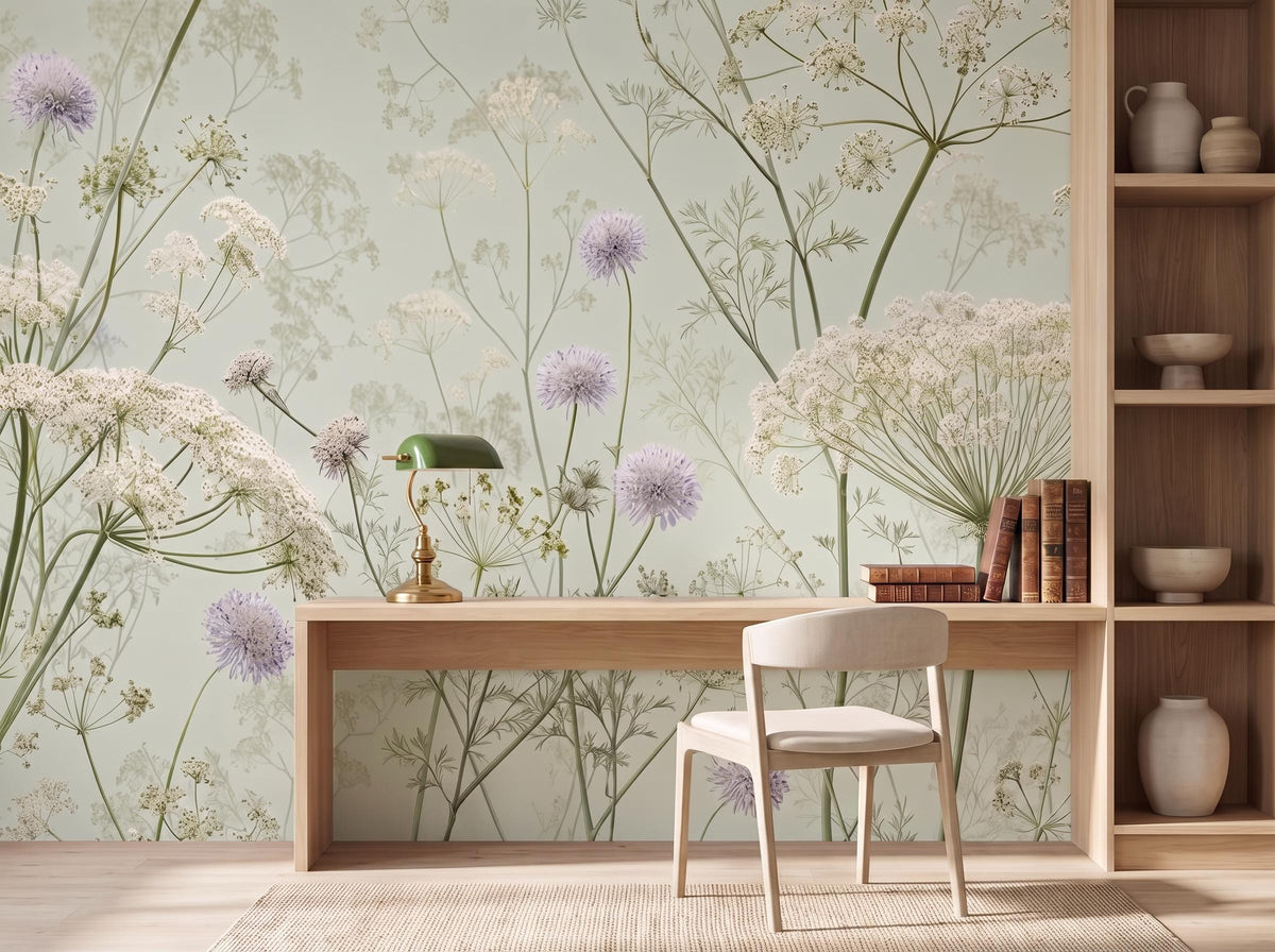 Pale celadon cow parsley wallpaper behind a light oak desk, chair and open shelving