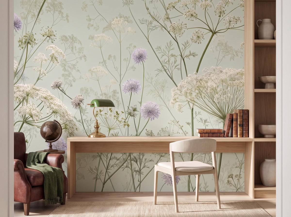 The cow parsley wallpaper across a study wall, with a desk, green banker's lamp and an armchair