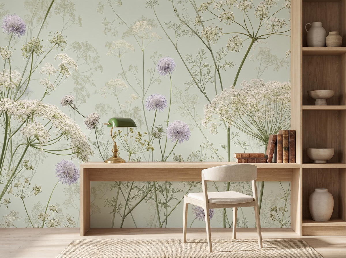 Corner study with the cow parsley wallpaper, an oak desk, chair and shelves of pots
