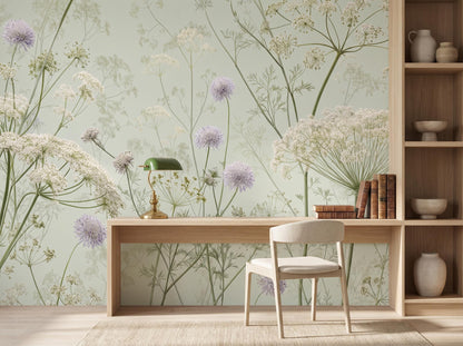 Corner study with the cow parsley wallpaper, an oak desk, chair and shelves of pots