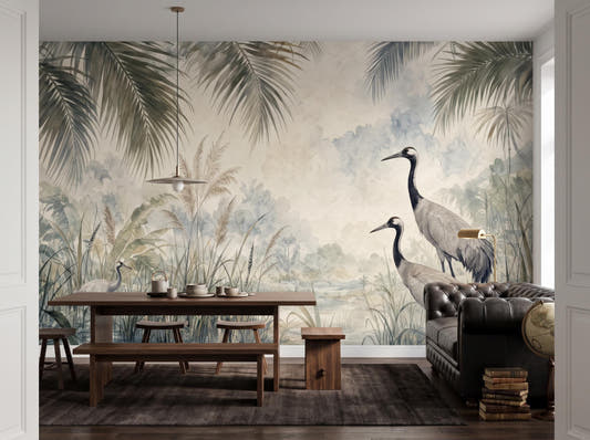 Watercolour crane marsh mural behind a wooden dining table, bench and dark leather sofa