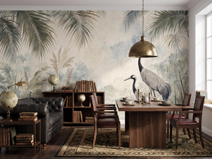 The crane mural across a dining room wall, with a walnut table, chairs and a brass pendant