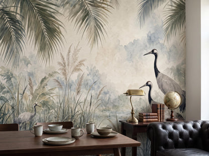 Close view of the tall crane, reeds and pampas plumes above a set dining table