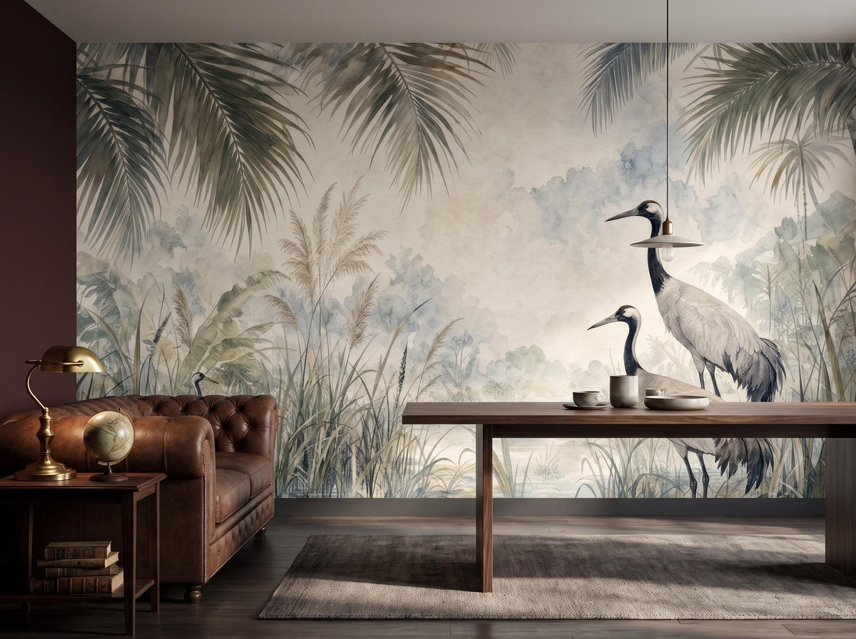 Wide room with the crane marsh mural, a long table, leather sofa and dark floor