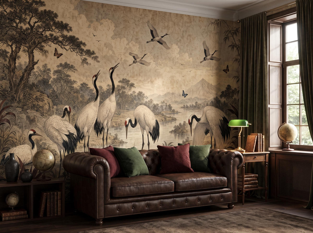 The crane woodland mural across a living room wall, with a leather sofa, green curtains and a globe