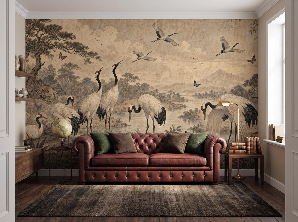 Crane mural beside a bright window, with an oxblood leather sofa and a patterned rug