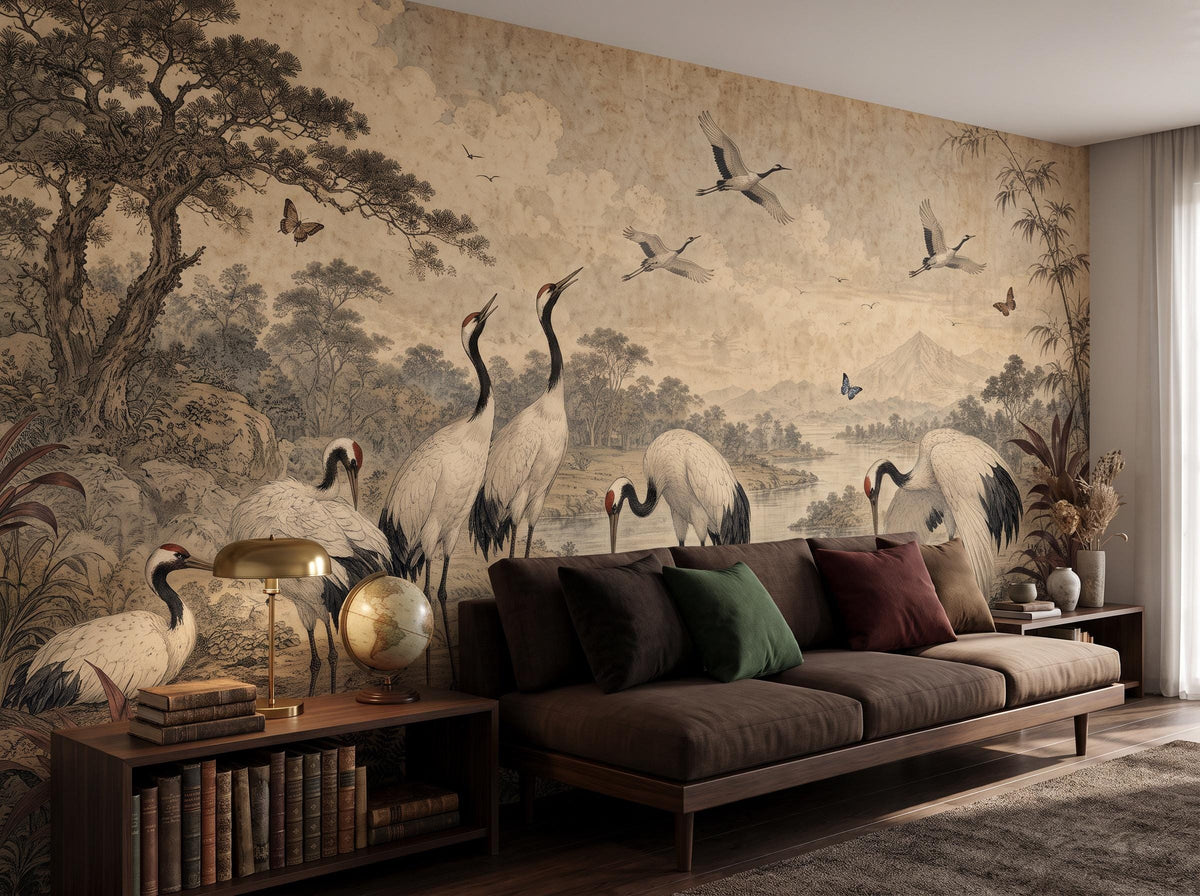 Wide room with the crane woodland mural, a low sofa, bookshelf and floor lamp
