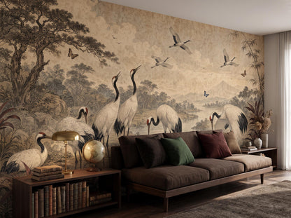 Wide room with the crane woodland mural, a low sofa, bookshelf and floor lamp