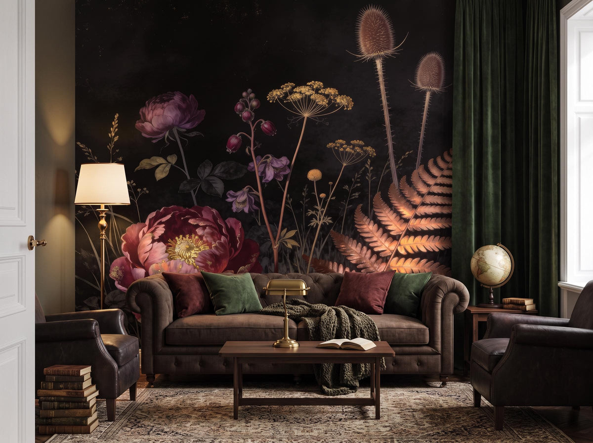 Wide room with the peony and fern wallpaper, a tufted sofa, floor lamp and green curtains