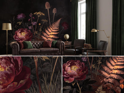 Three views of the dark botanical wallpaper: a room with a sofa, and close views of the peony and fern