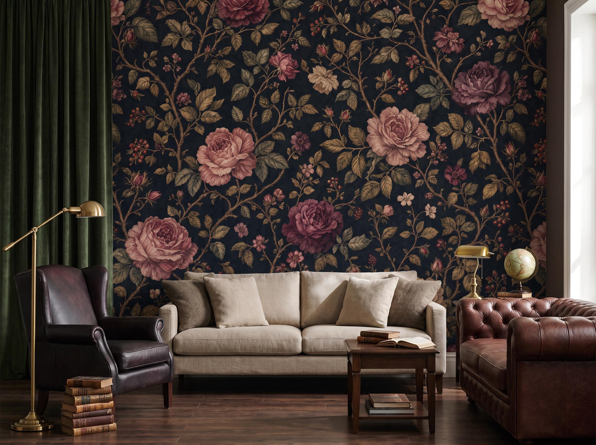 Close view of the pink and crimson roses and trailing foliage above a linen sofa