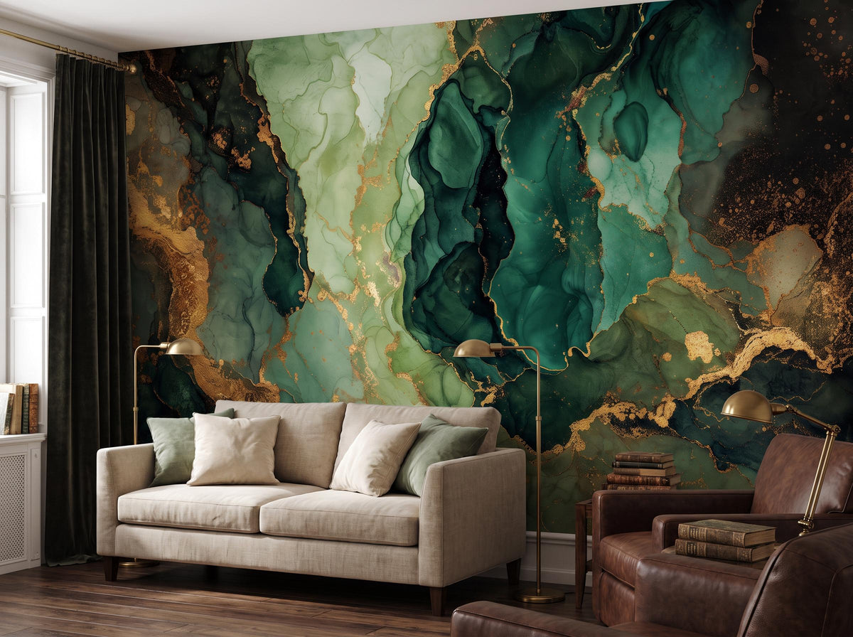 Emerald and jade marble mural across a wide wall beside a velvet curtain, with a linen sofa and brass lamps