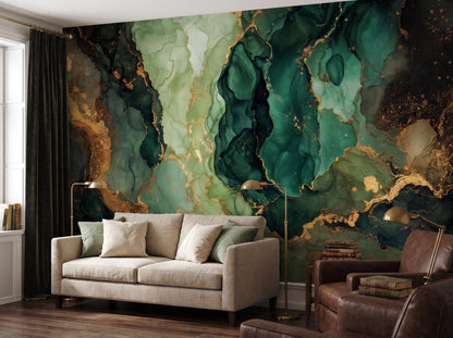 Emerald and jade marble mural across a wide wall beside a velvet curtain, with a linen sofa and brass lamps