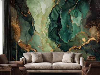 Green marble mural with gold veins filling the wall behind a linen sofa and two leather armchairs