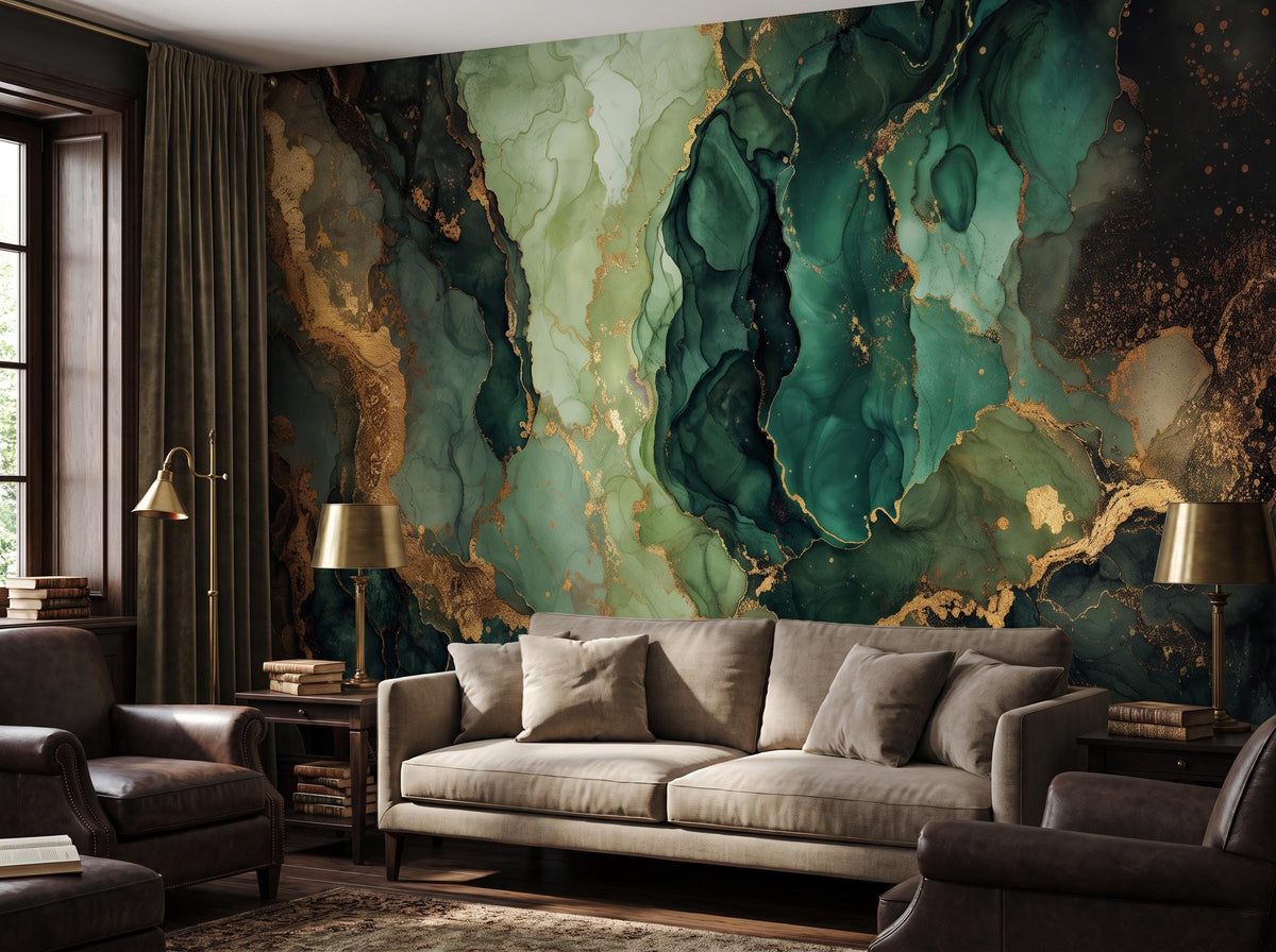 Emerald marble mural in a dark panelled room with brass lamps, a linen sofa and stacked books