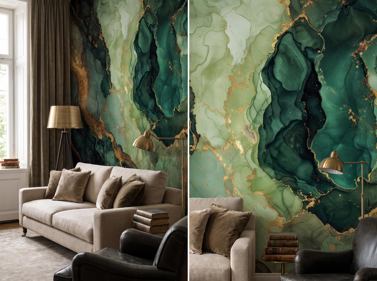 Two views of the emerald marble mural: the full wall behind a linen sofa, and a closer view of the gold veining