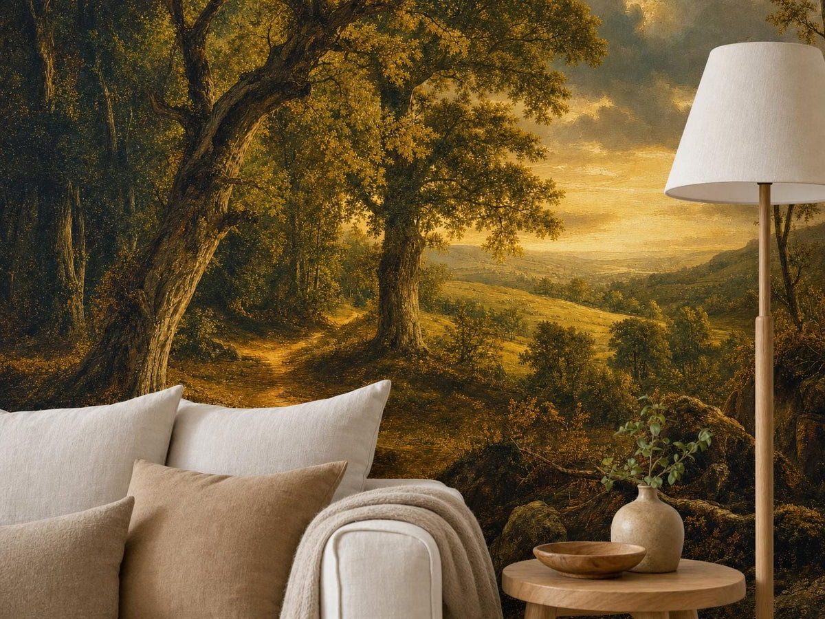 Close view of the sunlit clearing and storm clouds in the mural, above a cream sofa with linen cushions