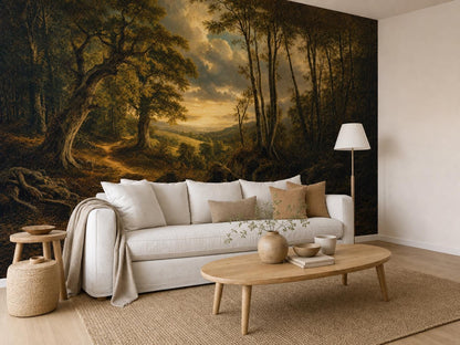 The pastoral mural on a side wall, with a white sofa, oval oak table and jute rug