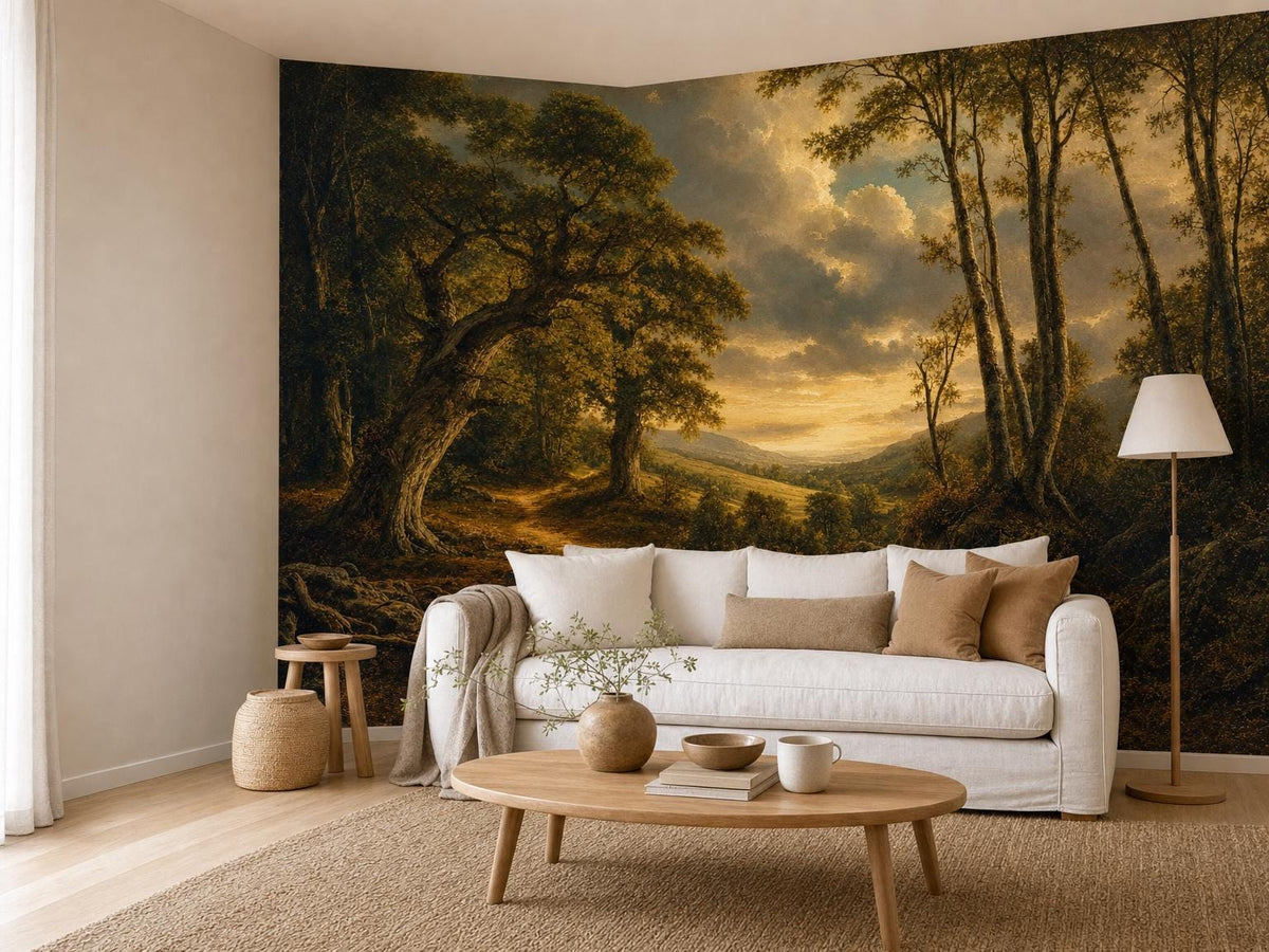 Wide living room with the golden woodland mural, a cream sofa, round table and stools