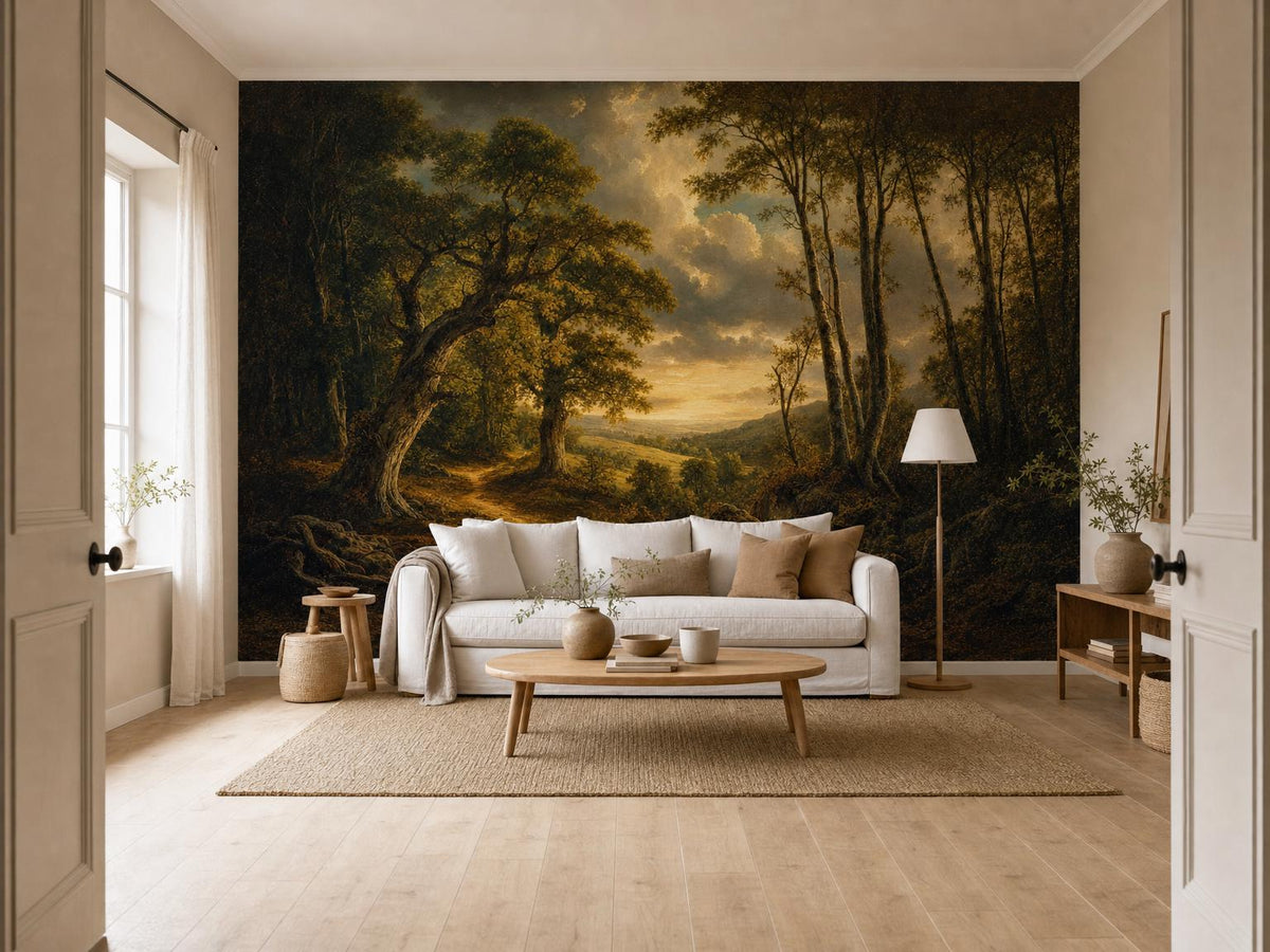 Room seen from a doorway with the pastoral mural, a pale sofa and a bright window