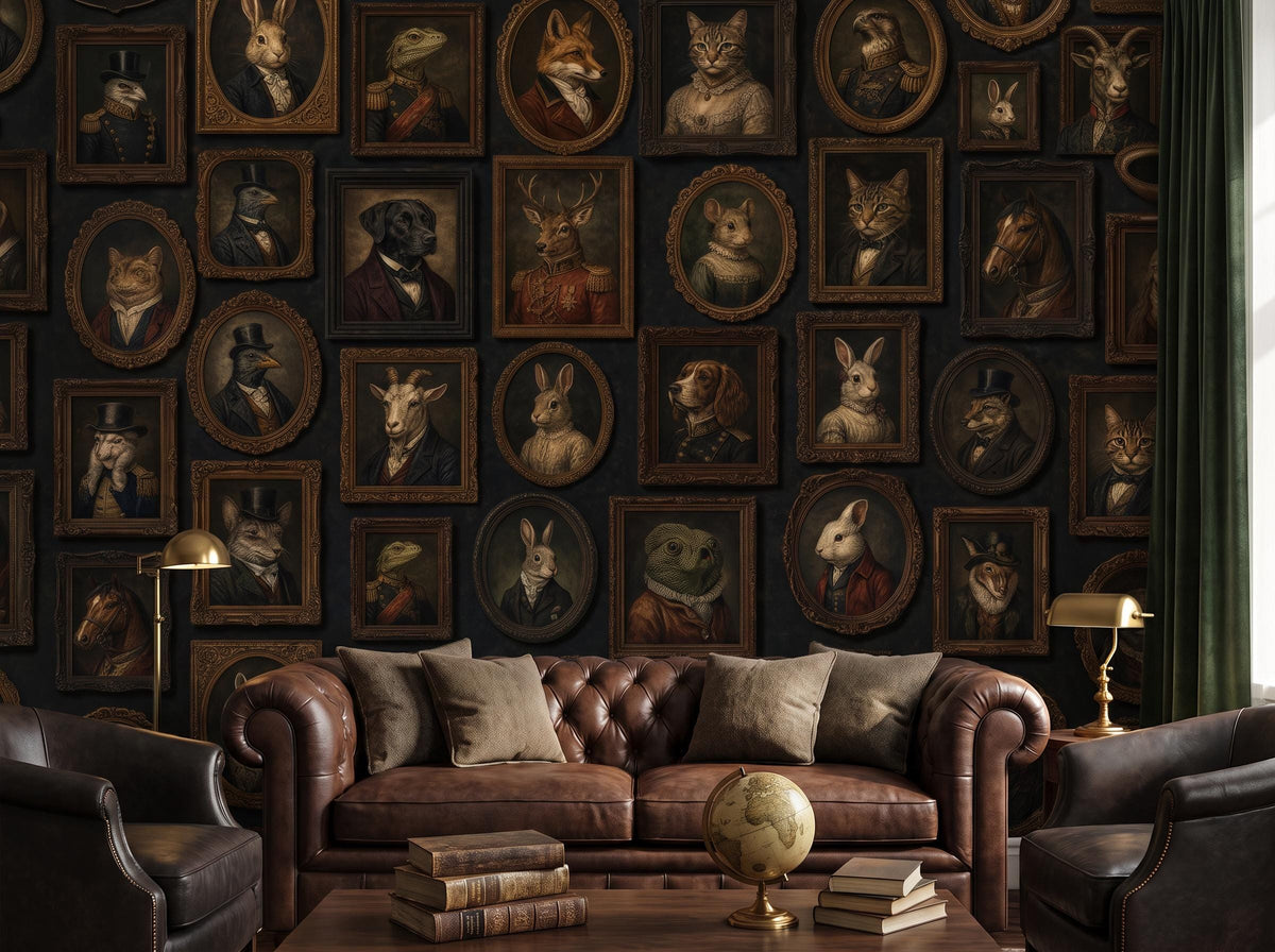 Framed animal portrait wallpaper on a dark wall behind a leather chesterfield sofa, books and a globe