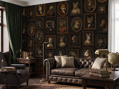 The gallery-wall wallpaper across a study, with a leather sofa, green curtain and floor lamp