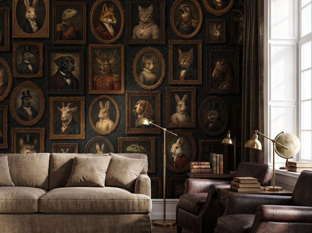 Animal portrait wallpaper beside a bright window, with a pale sofa and a brass desk lamp
