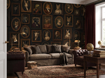 Wide room with the framed animal portraits wallpaper, a linen sofa, desk lamps and a Persian rug