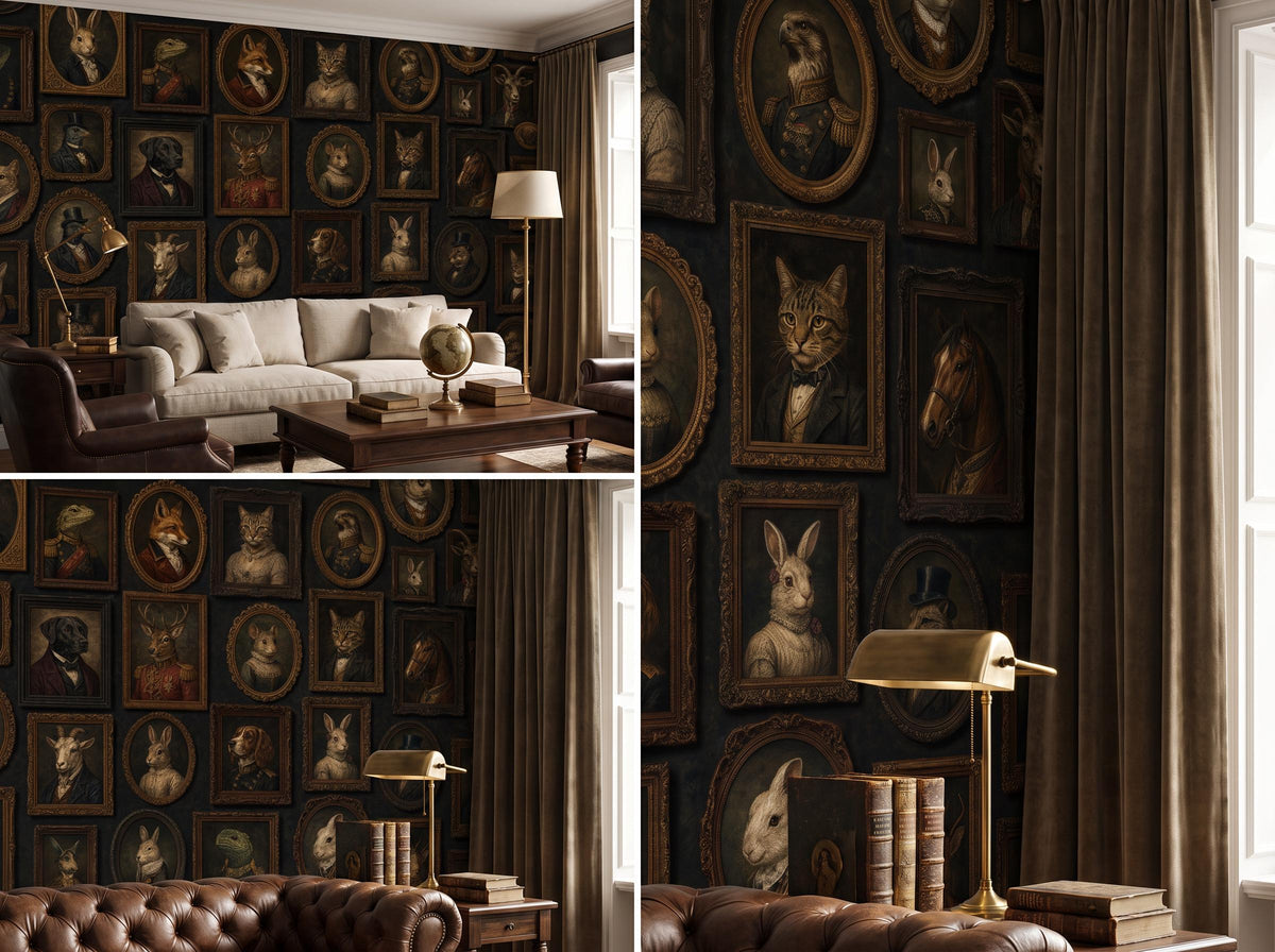 Two views of the animal portrait wallpaper: a pale sofa by curtains, and a close view of the framed rabbits and foxes