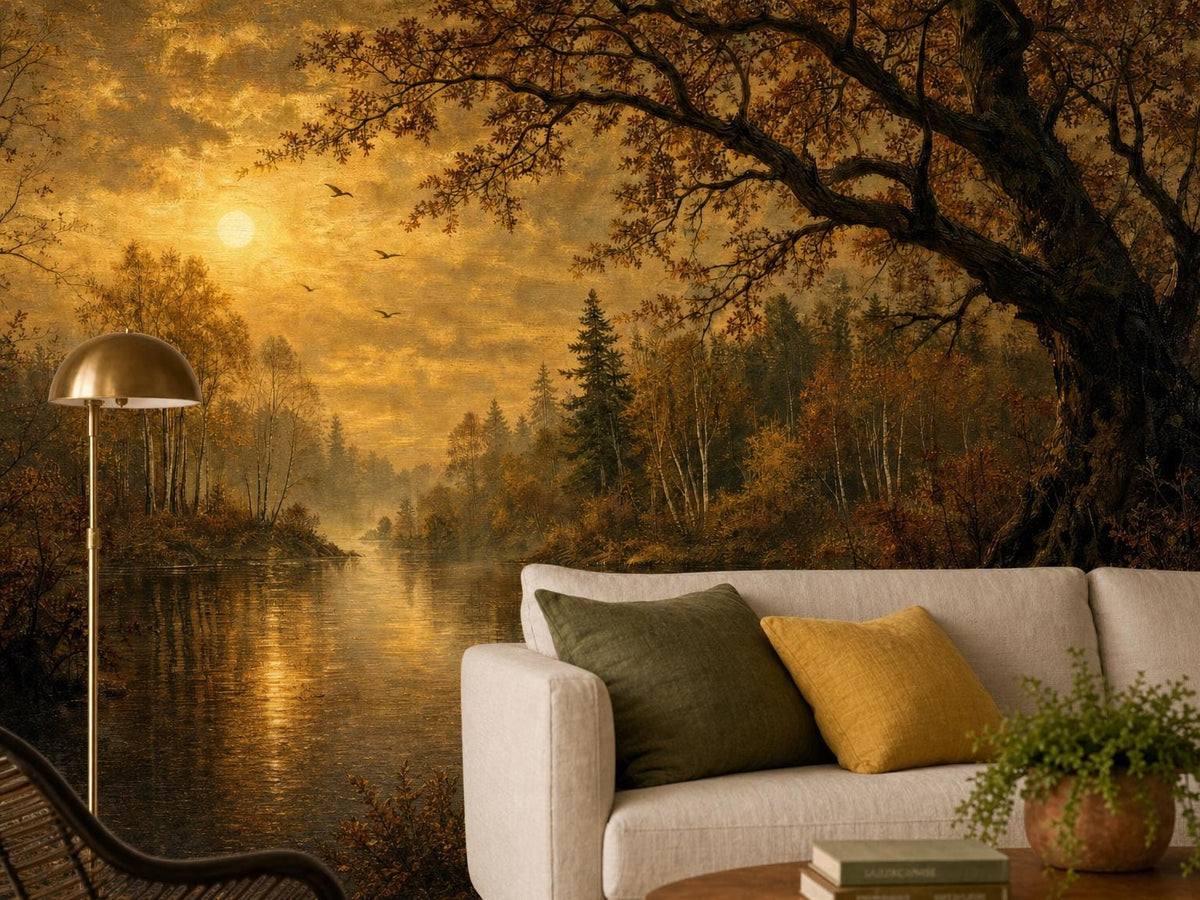 Close view of the sun reflected on the lake in the mural, beside a cream sofa and a brass floor lamp