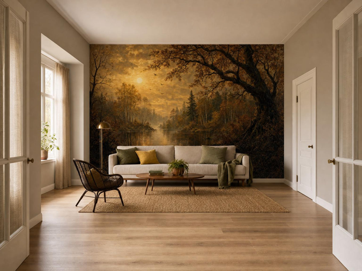 Wide room seen past a doorway with the amber forest lake mural and a pale sofa