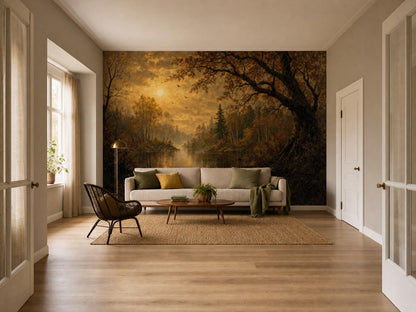 Wide room seen past a doorway with the amber forest lake mural and a pale sofa