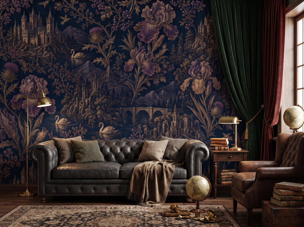 Midnight blue gothic floral wallpaper behind a leather chesterfield sofa, globe and brass lamp