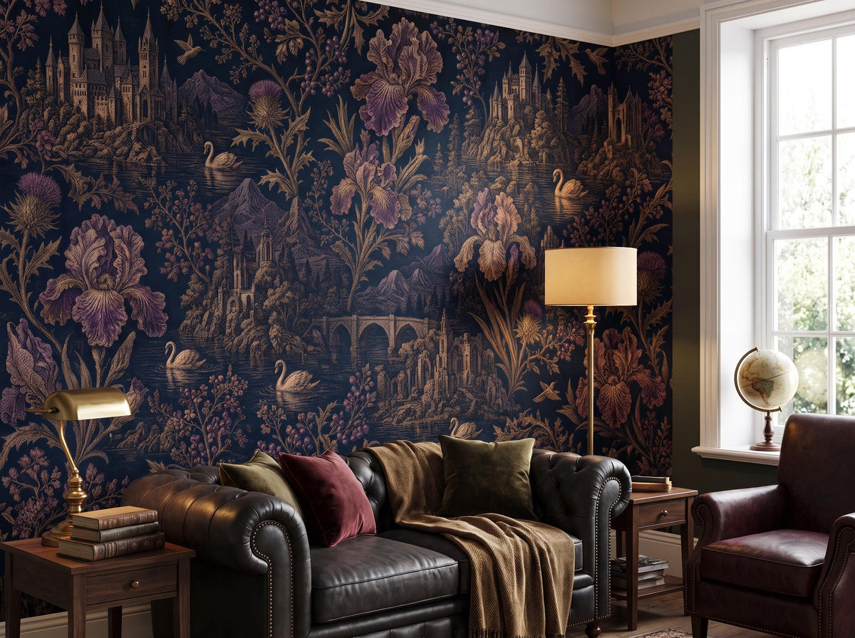 Gothic floral wallpaper beside a window, with a leather sofa, oxblood armchair and floor lamp