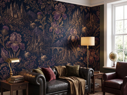 Gothic floral wallpaper beside a window, with a leather sofa, oxblood armchair and floor lamp