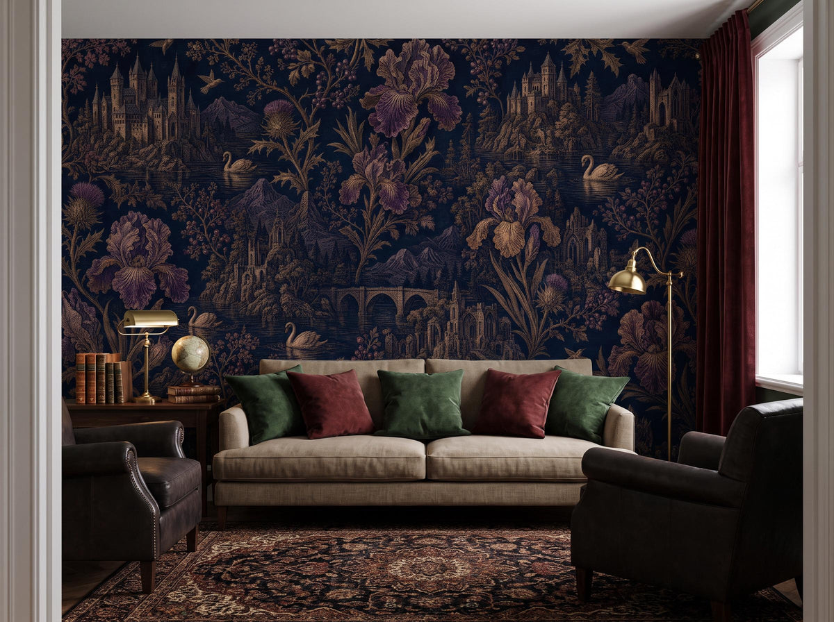Wide room with the midnight iris wallpaper, a linen sofa with green and red cushions and a Persian rug