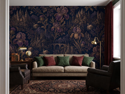 Wide room with the midnight iris wallpaper, a linen sofa with green and red cushions and a Persian rug