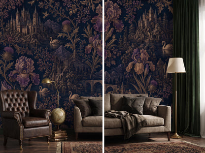 Two views of the gothic floral wallpaper: a leather chair with a globe, and a sofa beside dark curtains